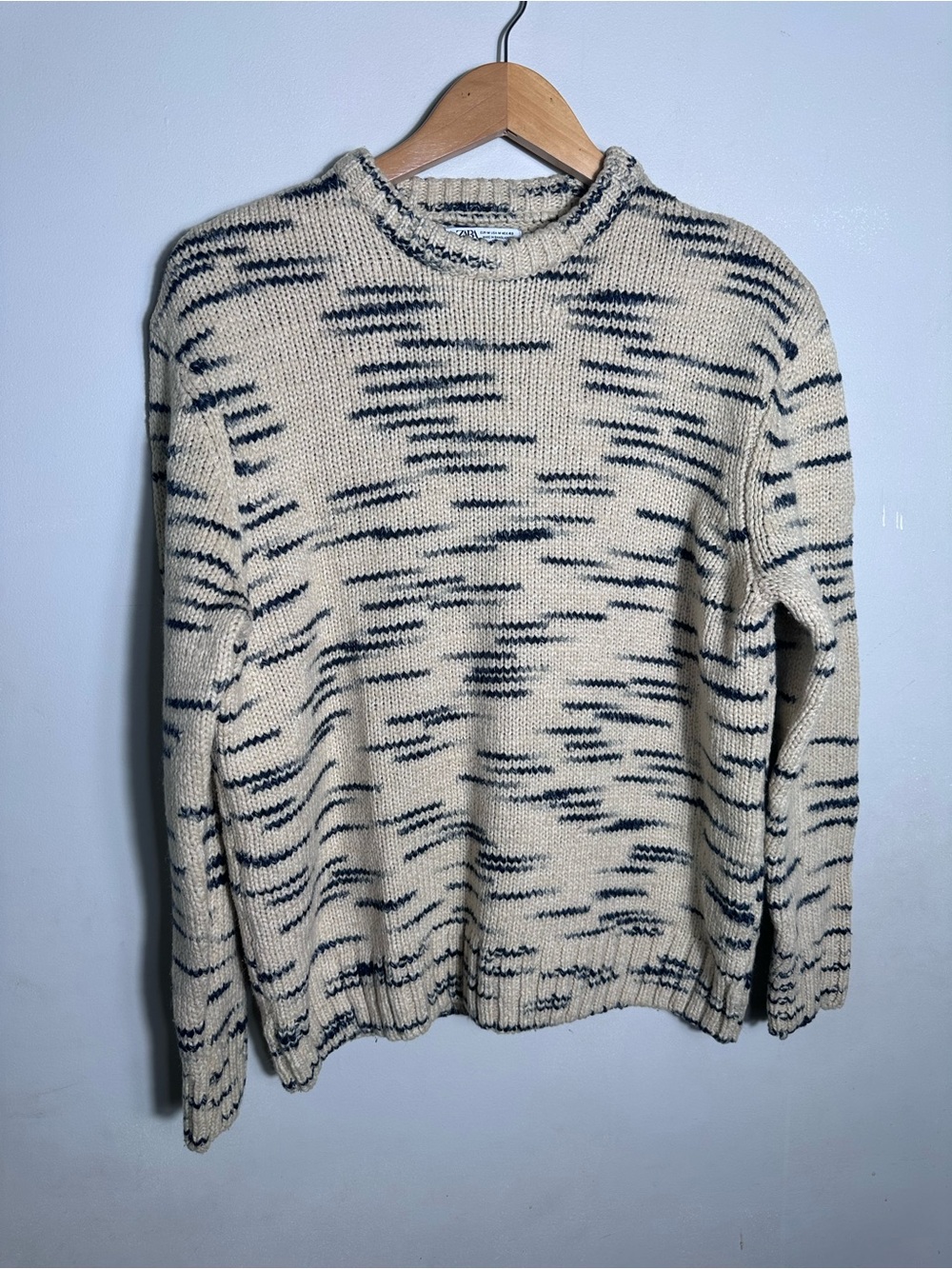 Zara Cream and Black Marled Crewneck Knit Sweater - Men